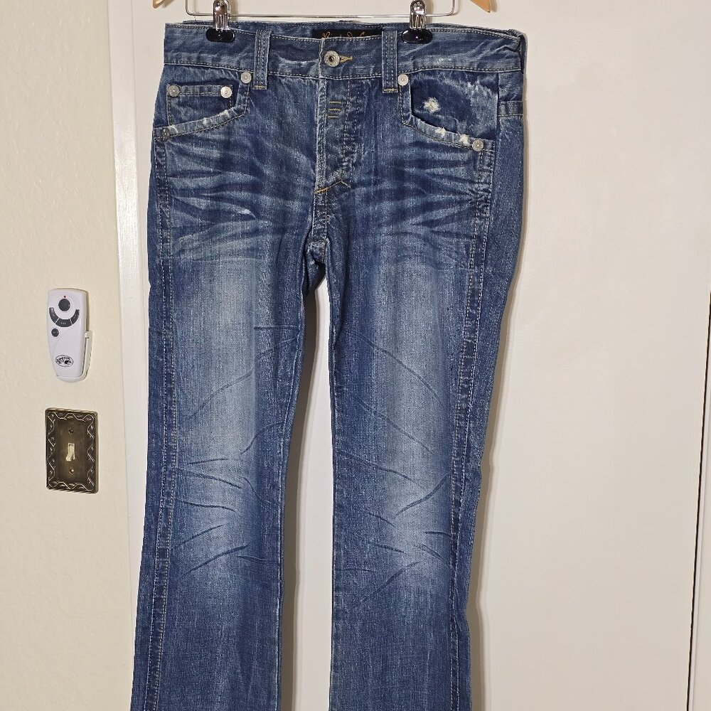 Rivet De Cru Los Angeles men's distressed denim designer blue jeans 33 button